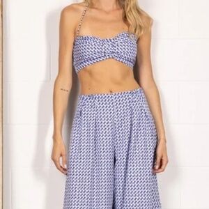 BLUE CHEVRON HALTER CROP TOP AND HIGH WAIST PANTS SET